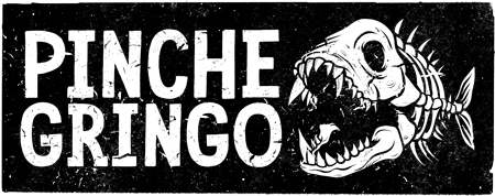 Pinche Gringo logo with the skeleton fish to the right of the lettering. It is white on a black background.